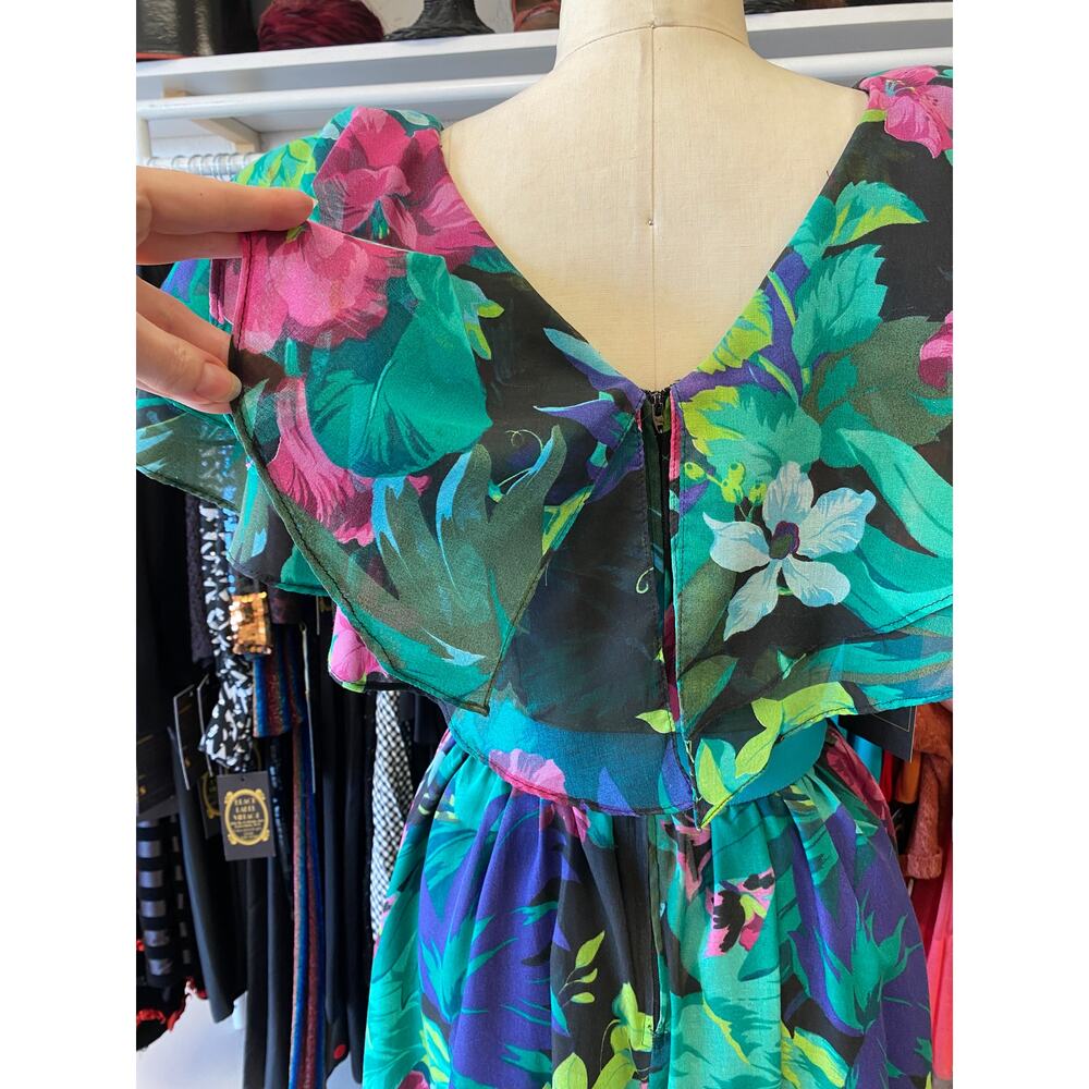 vintage 1980s black floral fit and flare dress, shawl flutter sleeves full skirt - Picture 10 of 10